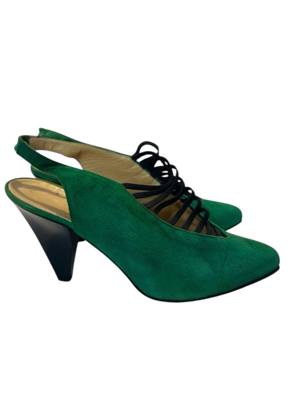 Rush hour Express Green Suede Pointed Slingback heels with Black Straps